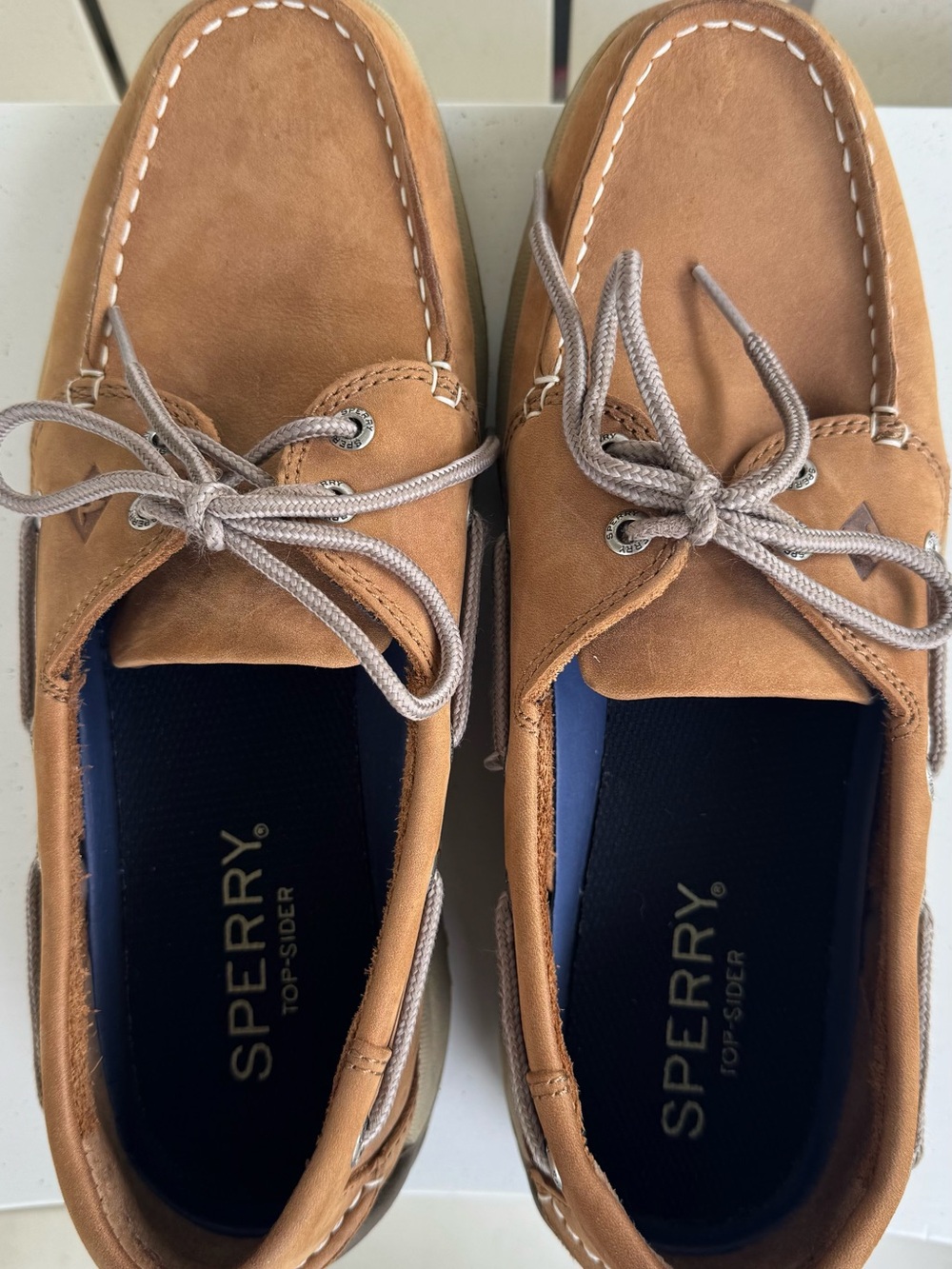 Sperry Tan Leather Moccasin-Style Boat Shoes with Gray Laces